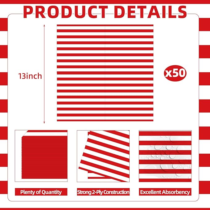 50 Count American Flag Paper Napkins – 25 Red & White Stripe and 25 Blue with Stars Design, Disposable Beverage Cocktail Napkins for 4th of July, Memorial Day, Patriotic Parties, and Table Decorations