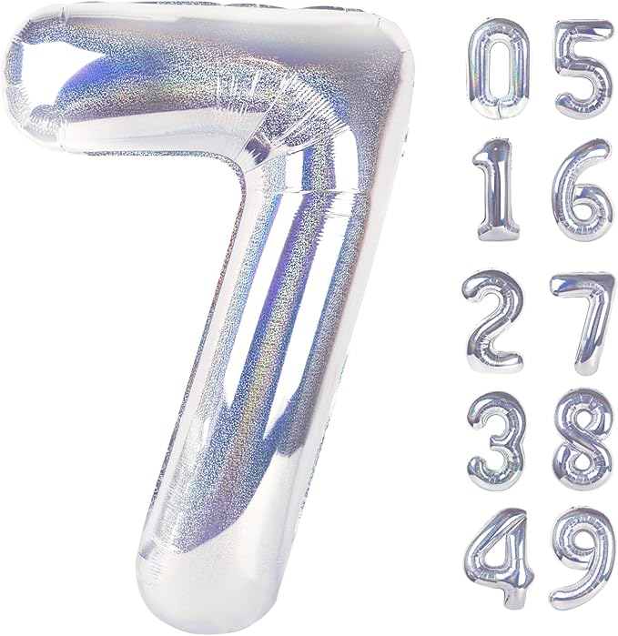 Laser Silver 7 Balloon, Number Balloons 40 Inch, 7th Birthday Decorations for Girls Kids, Party Decoration for Women, Number 7 Balloon
