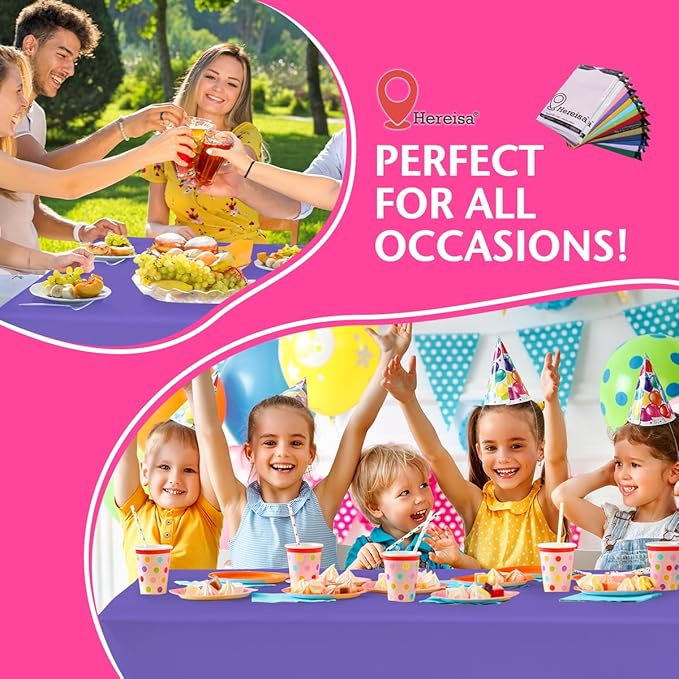 Disposable Plastic Tablecloth Purple 54x108 Inch, 5-Pack Waterproof Rectangular Table Cover for Parties, Picnics, Dining Protection