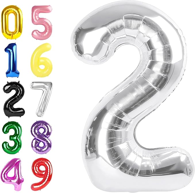 40 Inch Number 2 Balloon, Silver Balloons for Birthday Party Decoration, Foil Number 2 Ballon for 2, 12, 24, 25, 2026 Celebration, Graduation, Birthday, Baby Shower, Anniversary Decor