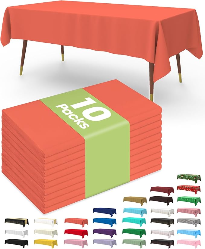 Pureegg Plastic Table Cloth Disposable 10 Pack, 54 x 108 Inch Table Cloths, Halloween Party, Thanksgiving Decorations, Harvest, Fall Tablecloths, Rectangle Tables, Leakproof & Sturdy, Orange