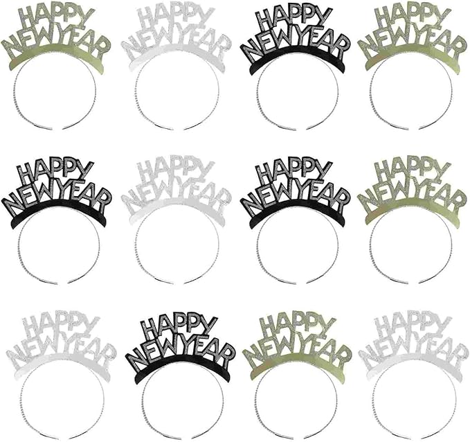 12pcs New Year's Headbands and Hats - NYE Crown, Happy New Year Headband, Party Hats, Eve Party Headbands, Tiara Accessories for Happy New Year Party