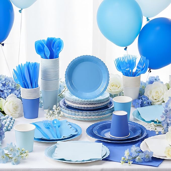 Zhehao 350 Pcs Blue Party Supplies Set Blue Disposable Tableware Kit with Plates, Cups, Napkins, Cutlery in Natural Earth Tones for Baby Shower, Birthday, Wedding Forest Events