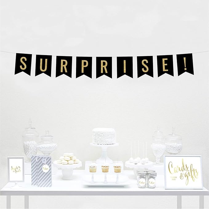 Andaz Press Faux Gold Glitter on Black Party Banner Decorations, Surprise!, Approx 5-Feet, 1-Set, Birthday Wedding Baby Shower Colored Hanging Pennant Decor