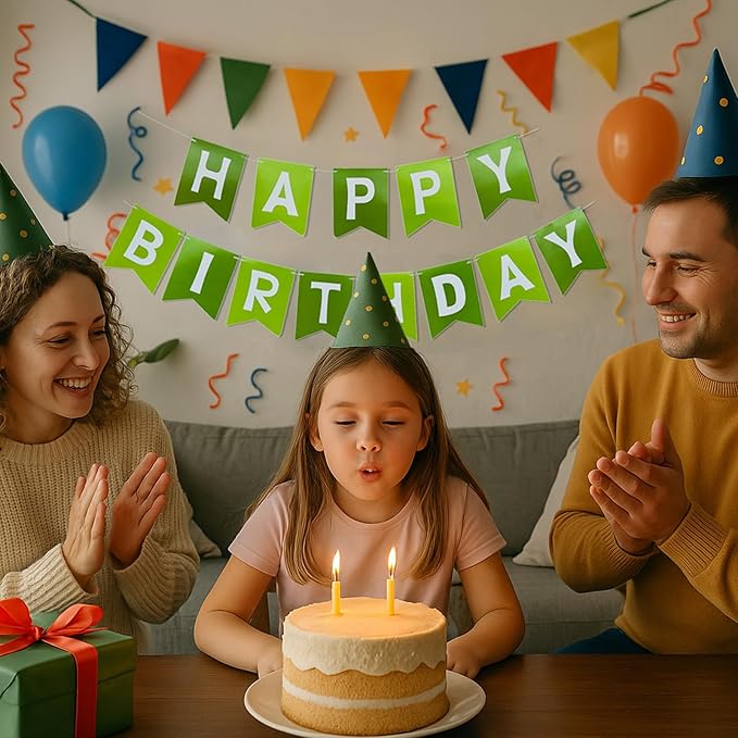 Green Happy Birthday Banner - Hanging Backdrop Sign with White Letters, Happy Birthday Sign Bunting Decorations for Women men Kids Baby Shower Party Supplies (13pcs)