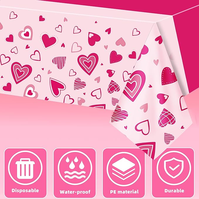 Valentine's Day Tablecloth 3-Pack, 54x108 Inch Disposable Plastic Table Covers, Pink Heart Themed Decor for Romantic Party, Galentine‘s Day and Mother's Day Table Decorations