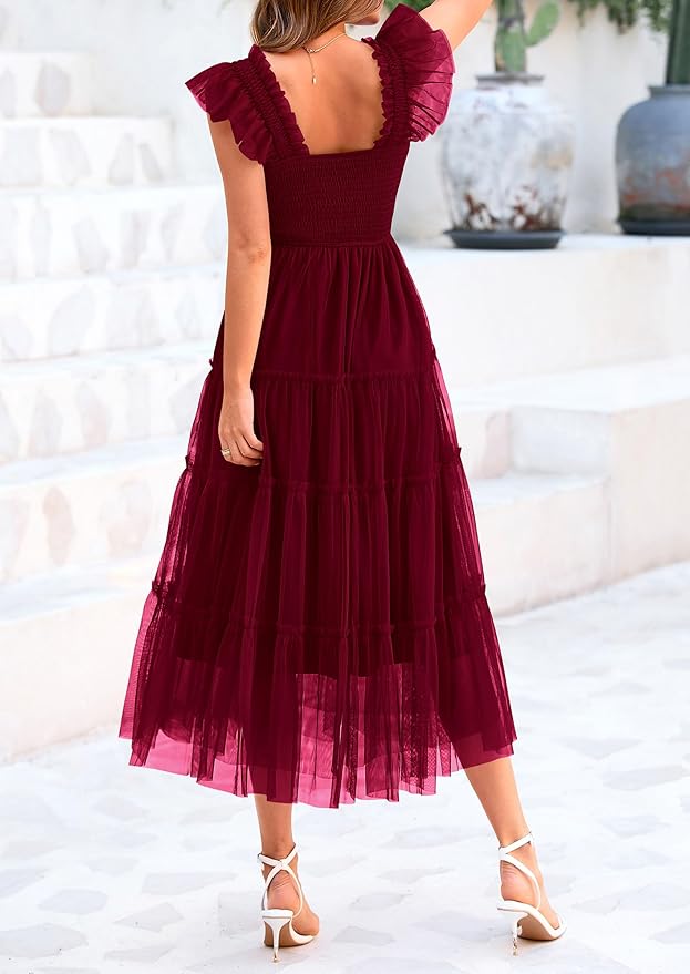 PRETTYGARDEN Women's Summer Tulle Midi Dress Sleeveless Smocked Ruffle Flowy Mesh Dresses Party Wedding Guest Sundress