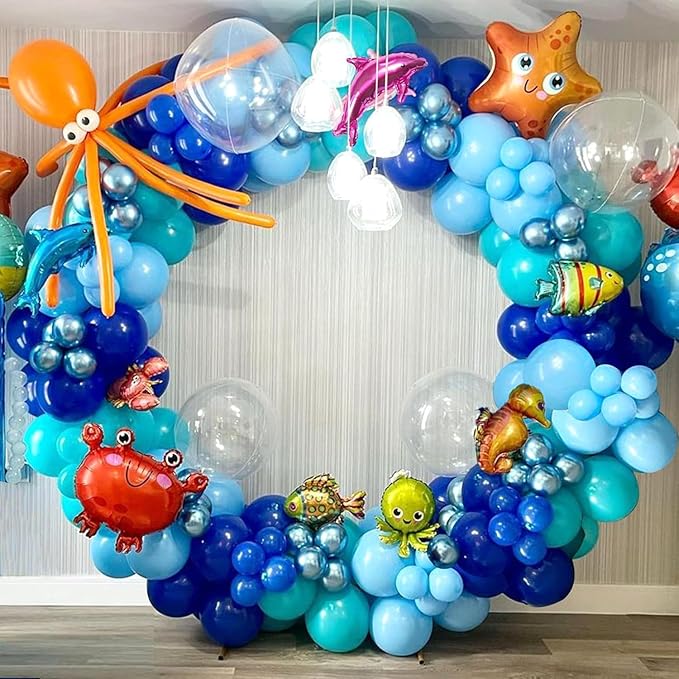 2 Packs Ocean Themed Party Decorations 330pcs Blue Balloon Arch Garland Kit Bubble Balloons Marine Animals Fish Balloons for Nemo Dory Luca Birthday Under The Sea Decorations Shark Party