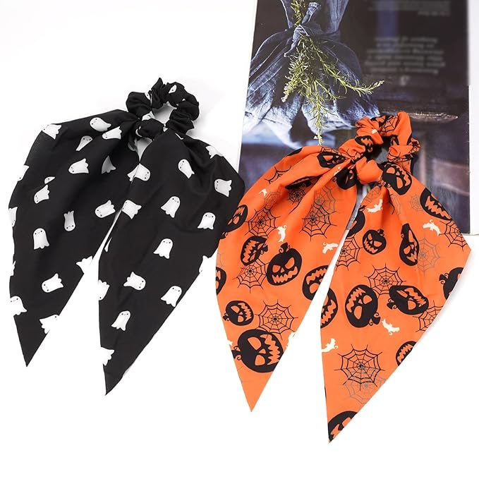 Halloween Hair Ties for Woman Girls Ghost Pumpkin Bat Hair Scrunchies Spooky Spider Web Elastic Ribbon Bow Hair Tie Halloween Party Supplies Hair Accessories 2PCS