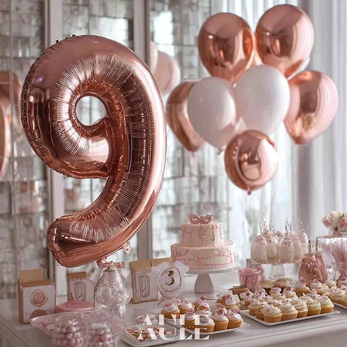 AULE 40 Inch Big Rose Gold 9 Balloon Number Large Foil Helium Number Balloons 0-9 Jumbo Giant Happy 9th Birthday Party Decorations for Boy or Girl Huge Mylar Anniversary Party Supplies