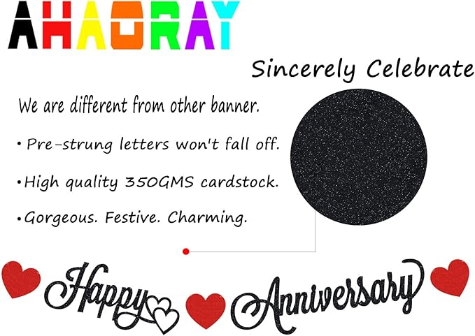 Pre-Strung Happy Anniversary Banner - Black Glitter Decorations, Perfect for Wedding & Work Anniversary Parties, Photo Booth Props
