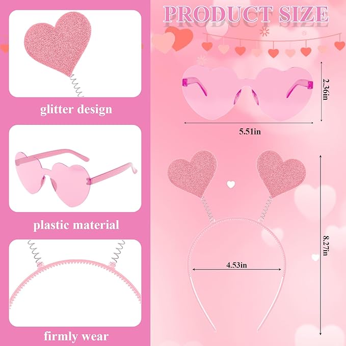 Semato Pink valentines Day Headband with Pink Heart Sunglasses for Valentines Day Accessories Galentines Party Favors Halloween Costume