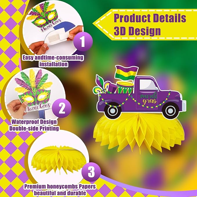 JULMELON Mardi Gras Table Decorations Honeycomb Centerpiece, 8pcs Mardi Gras Centerpieces for Tables Masquerade Masks Crown Signs Decor Mardi Gras Party Decorations for Home