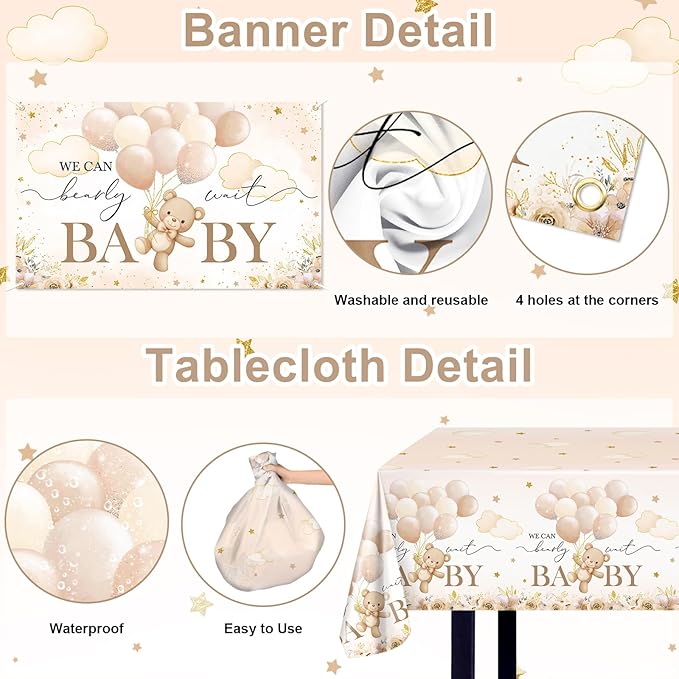 270 Pcs We Can Bearly Wait Baby Shower Decorations: Bear Baby Shower Banner Balloons Disposable Bear Themed Plates and Napkins Cups Tablecloth, Serve 24
