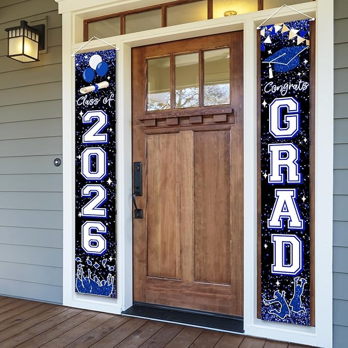 Graduation Decorations 2026 GRAD Banner Blue Door Porch Signs Welcome Banner for Outdoor Indoor Wall Graduation Decorations Class of 2026