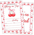 Cherry Birthday Party Invitation Cards for Women Girls Kids, Pink Bow Birthday Celebration Party Invite Cards Supplies, 20 Double-Sided Fill In Invites With Envelopes -08