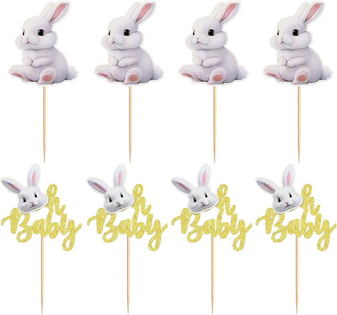 Ercadio 24pcs Cake Topper, Happy Easter Bunny Themed Cupcake Picks for Spring Birthday, Baby Shower Party Supplies