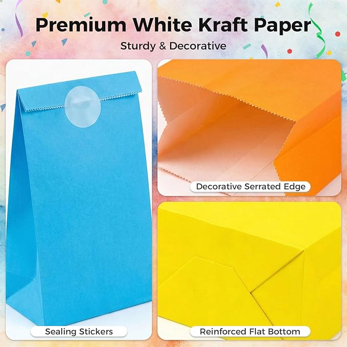 VGOODALL 24PCS Colored Paper Bags, Party Favor Treat Bags with Stickers Goodie 9 Colors for Wedding Birthday Baby Shower 8.7”x 4.7”x 3”