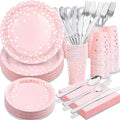 350PCS Pink Plates and Napkins Party Supplies,Pink Party Plates with Silver Polka Dot Serve 50 Guests,Bridal Shower Plates with Silver Plastic Cutlery for Engagement Wedding Decorations