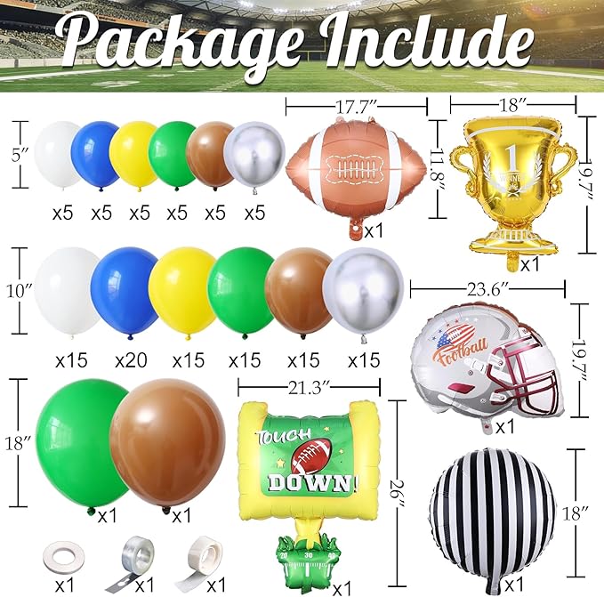 Football Balloon Arch Kit,135Pcs Yellow Royal Blue Silver Balloon Garland with Football,Helmet,Goal Post,Trophy Foil Balloons for Sports Rugby Birthday Big Game Touch Down Tailgate Party Decoration
