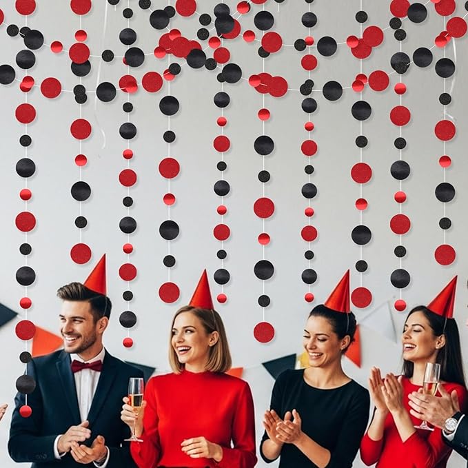 Outus 10 Pieces Black,Red Round Dots Garland Easter Graduation Party Hanging Decor Each Length 13.1ft Glitter Paper Dot Streamers for Birthday Wedding Classroom