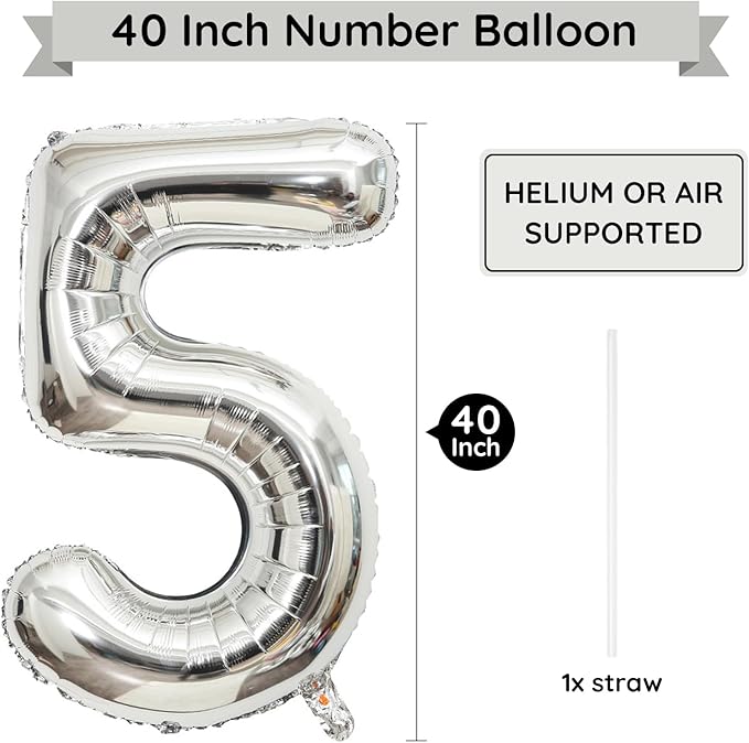Silver Number 5 Balloon, 40 Inch Large Number Foil Mylar Balloons for 5th Girl Boy Birthday Party Celebration Decoration Supplies,Big Digital Balloons for Wedding Anniversary Events Decor