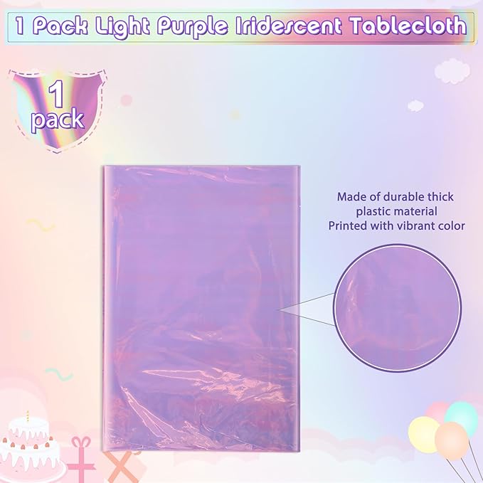 FunnyPars 1 Pack Light Purple Plastic Tablecloths for Rectangle Tables, Shiny Disposable Laser Rectangle Table Covers Foil Tablecloth Iridescent Party Decoration Birthday Bridal Wedding, 39x108 Inch