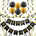 Black Birthday Decorations with Happy Birthday Banner, Paper Honeycomb Balls, Circle Garland and Hanging Swirl Decorations