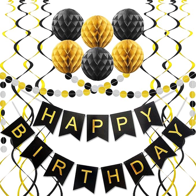 Black Birthday Decorations with Happy Birthday Banner, Paper Honeycomb Balls, Circle Garland and Hanging Swirl Decorations