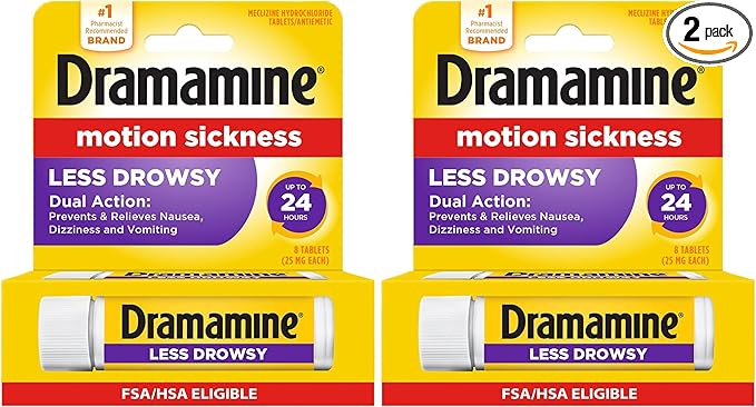Dramamine Motion Sickness Relief Less Drowsey Formula, 8 Count (Pack of 2)