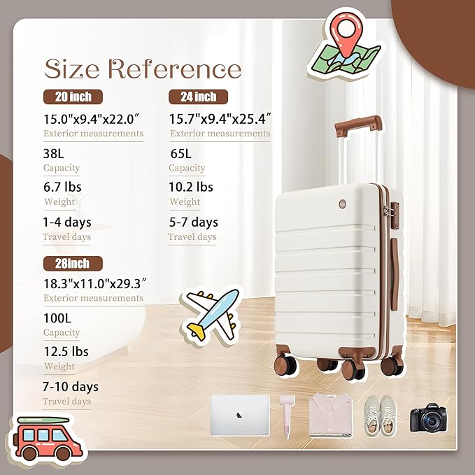 Hulsin Luggage Sets Clearance 3 Piece Hardside Suitcase with Wheels, 20/24/28 inch Rolling Luggage Set for Women, Hard Shell Travel Suitcases with TSA Lock (White, 3PCS)