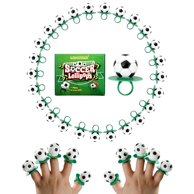 Soccer Ring Lollipops Candy, Suckers Individually Wrapped Bulk for Birthday Party Candy Favors,Sports Ball Shaped Goodie Bag Fillers, Team Treats, 30 Count