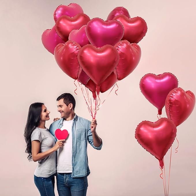 Red Heart Metallic Balloons, 20Pcs 18 Inch Hot Pink Foil Heart Balloons, Love Balloon for Valentines Day Decorations Galentines Balloon for Birthday Wedding Anniversary Party
