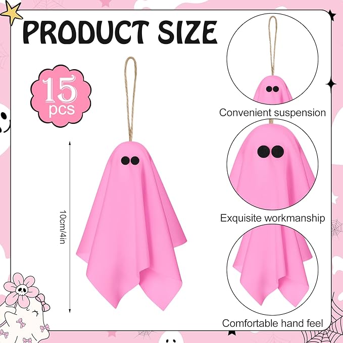 Tegeme 15 Pcs Pink Halloween Ghost Decor Pastel Hanging Ghosts Halloween Decor 4 Inch Pink Decoration Indoor Outdoor Hanging Tree Ornaments for Home Garden Holiday Party