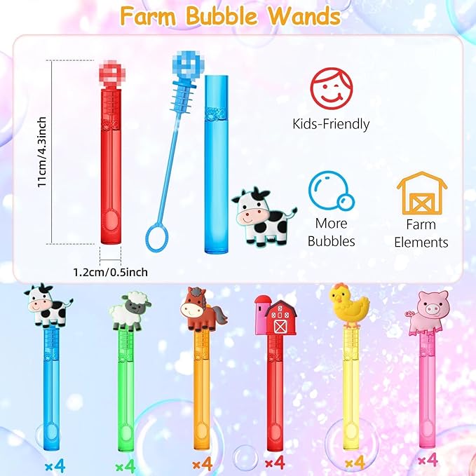 24 Farm Animal Party Favors Bubble Wands for Kids, Chicken Sheep Horse Cow Pig Mini Bubbles Wand Toys, Barnyard Farm Theme Birthday Party Supplies Goodie Gift Bag Stuffers Pinata Classroom Prizes