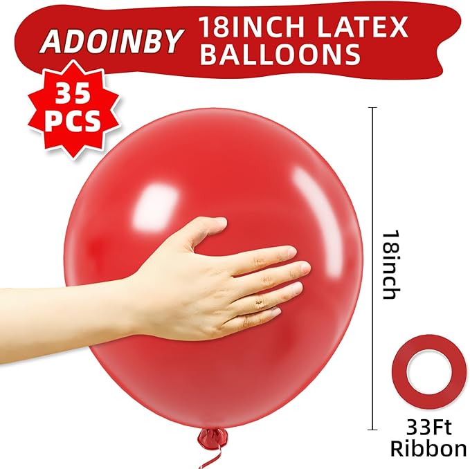 18 Inch Red Balloons - 35Pcs Large Thick Red Balloons Big Round Latex Balloons for Birthday Baby Shower Wedding Graduation Christmas Galentine's Day Valentine's Day Themed Party Decorations