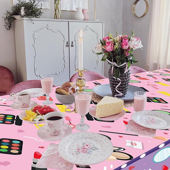 4 Pack Spa Theme Tablecloth Makeup Party Tablecovers 51 x 86 '' Disposable Plastic Makeup Theme Table Cover for Girls Spa Party Birthday Decorations Baby Shower