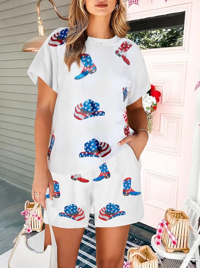 VILOVE 4th of July 2 Piece Sequin Outfits Women 250 Anniversary Usa Shirts and Short Sets Casual Patriotic Shirt Summer Set