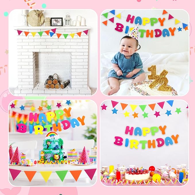 CIEHER Felt Happy Birthday Banner for Birthday Party Favors - Colorful Bunting, Star & Letter Decor for Birthday Parties
