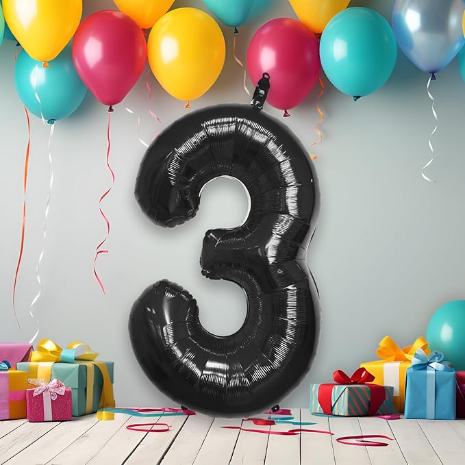 40 Inch Large Black Number Celebration and Decoration Balloon for Birthday Parties, Graduations, Anniversaries, Weddings, Photo Shoots, Special Events - Helium Foil Mylar (Black Number 3)