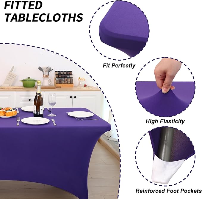 Fixwal 3 Pack Purple Table Cloths Rectangle 6FT, Tablecloths Rectangular Stretch Spandex Fitted Table Covers 6 FT for Parties, Trade Shows, Banquet, Weddings, Event