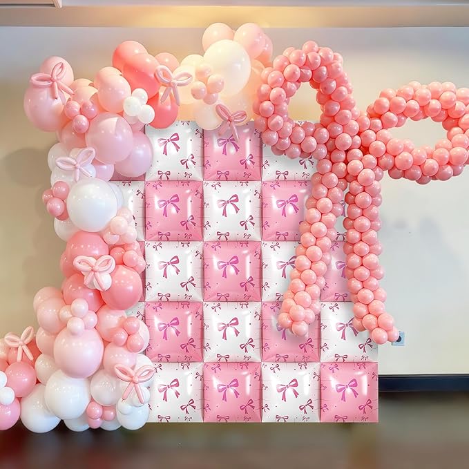 Pink and White Bow Square Foil Balloon Wall, 19 Inch 25Pcs Print Double Sided Baby Pink and Pearl White Balloon Backdrop Tunnel Arch Kit for Girls Women Birthdays Bridal Baby Shower Wedding