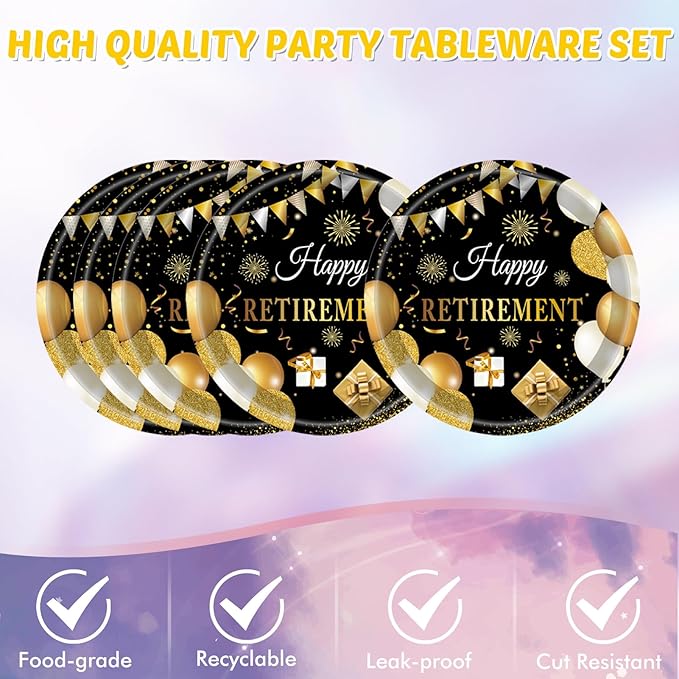 41PCS Retirement Decorations For Men Black and Gold Disposable Tablerware Decoration Favors Including Napkins Plates Tablecloth Set for Women Men Serves 20