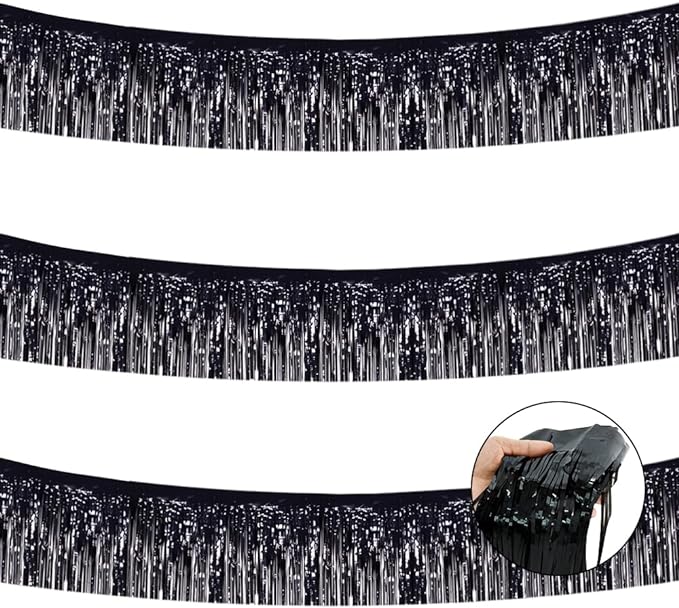 BEISHIDA 3 Packs Metallic Foil Fringe Garland Black Wall Hanging Tinsel Fringe Banners for Car Floats Halloween Bridal Shower Wedding Birthday Easter Graduation Holiday Party Decoration(30 Feet)