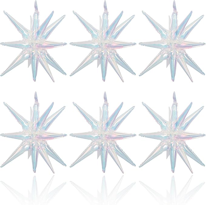 6PCS Iridescent Star Balloons, 22Inch Huge Iridescent Explosion Star Balloons Holographic Spike Cone Foil Balloon for Baby Shower Bridal Shower Wedding Birthday Party Decorations