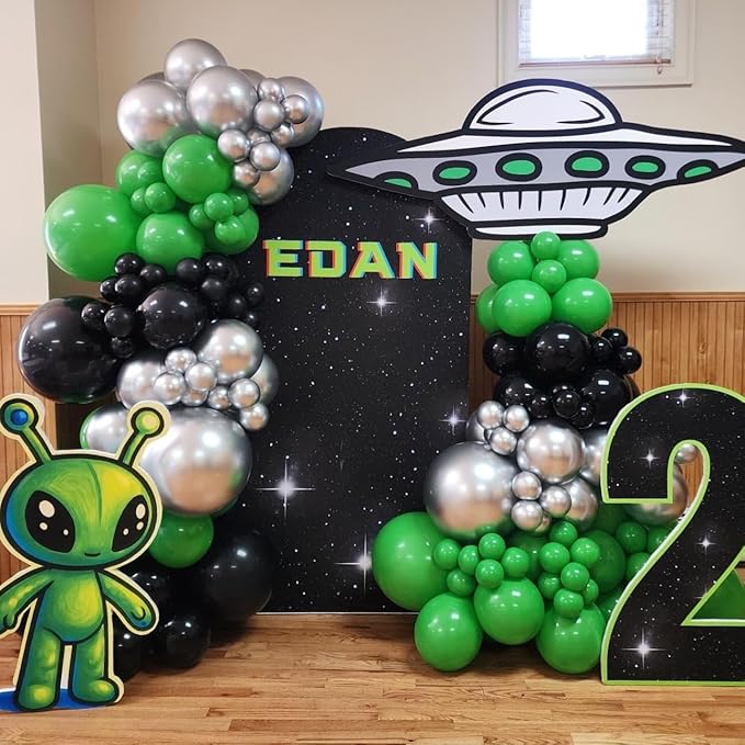 154pcs Alien Balloon Arch Kit - Green Black Silver Latex Balloons with Alien/UFO/Cow/Burst Foil Balloons for Alien Decorations, Space Birthday, Trunk or Treat Car Decor