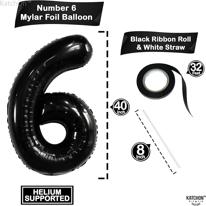 KatchOn, Giant Black Number 6 Balloon - 40 Inch | 6th Birthday Balloon for 6th Birthday Decorations | 6 balloons for Birthday | Six Number | 6 Year Old balloon for 6 Year Decorations