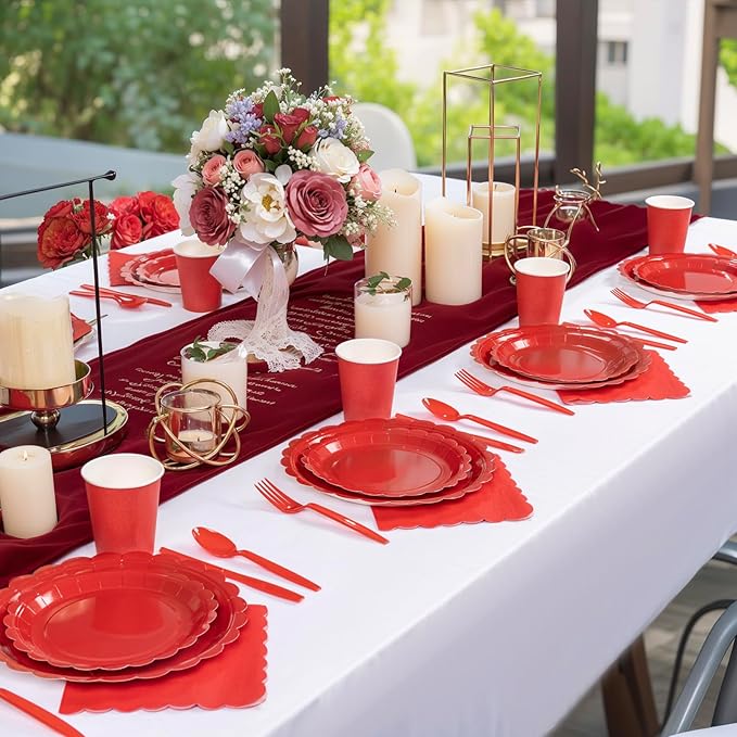 LIYH 350 Pcs Red Paper Plates and Napkins Set for 50 Guest, Disposable Paper Plates Include Red Scalloped Plate Cocktail Napkins Cups Cutlery for Birthday Party