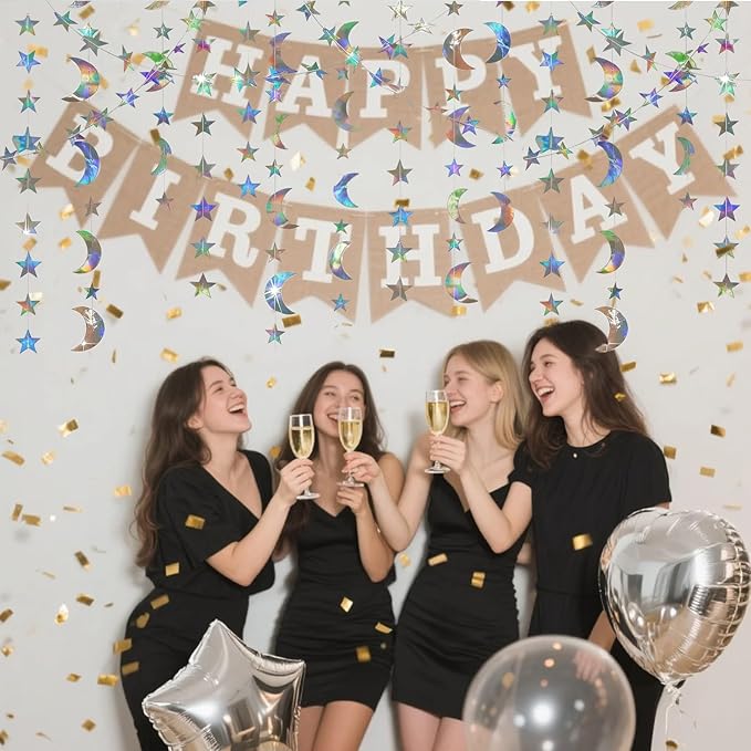 52 Feet Star Garland Banner Decorations for Party,Gold Star Hanging Bunting Banner Hanging Glitter Stars Garland Christmas Birthday Decorations (4 Pack Star and Moon)