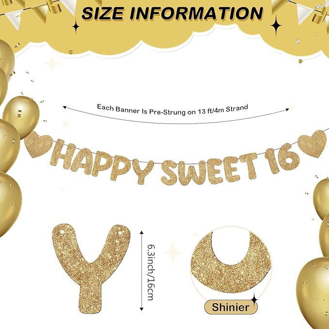 Fulmoon Pre Strung Happy Sweet 16 Banner Glitter Sixteenth Birthday Party Decorations 16th Party Sign Sweet 16 Party Decorations for Birthday Party Bachelorette Party(Champagne Gold)
